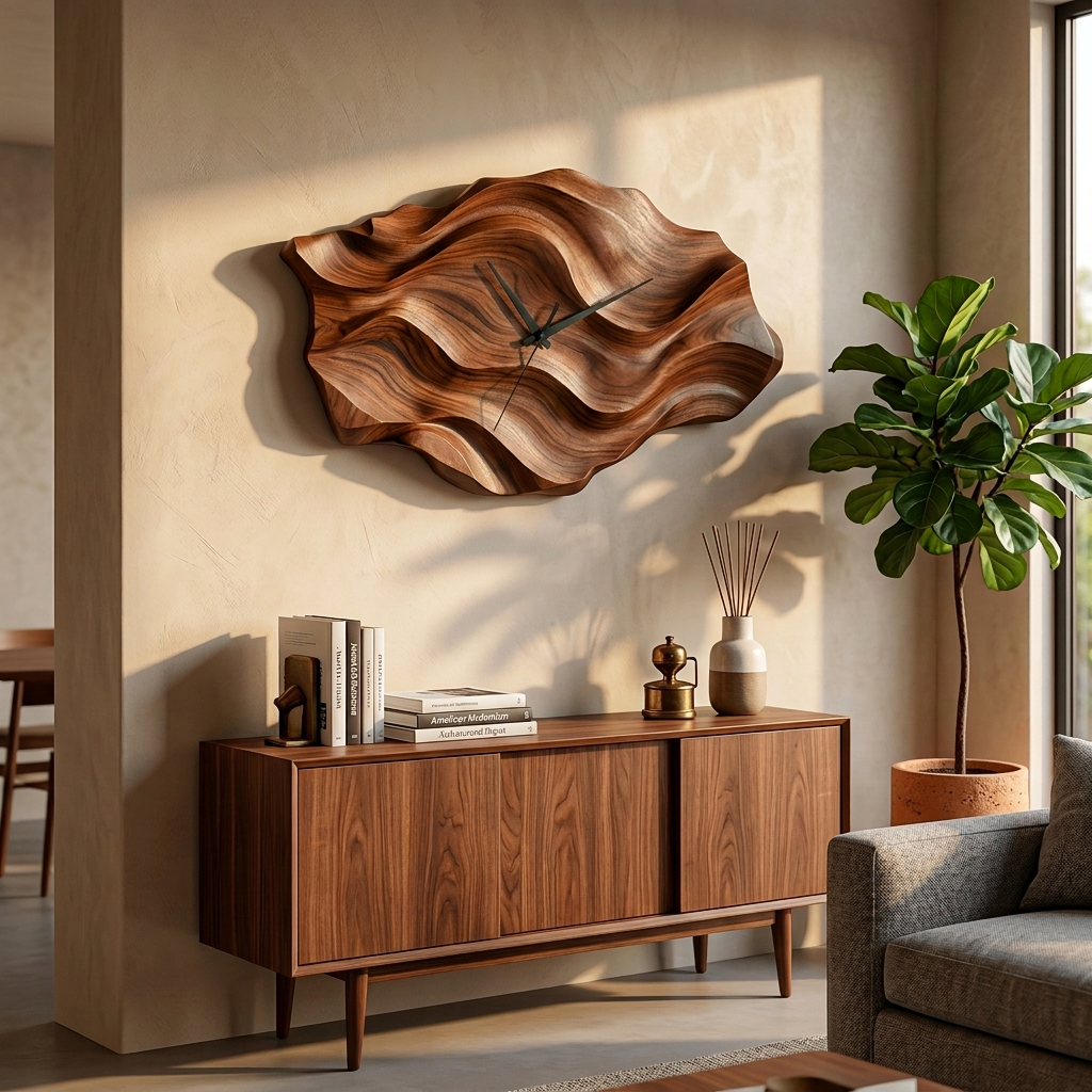 Artistic Wooden Wall Clock Wavy Design For Living Interior