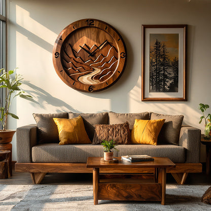 Rustic Wood Wall Clock Mountain Landscape Decor For Living