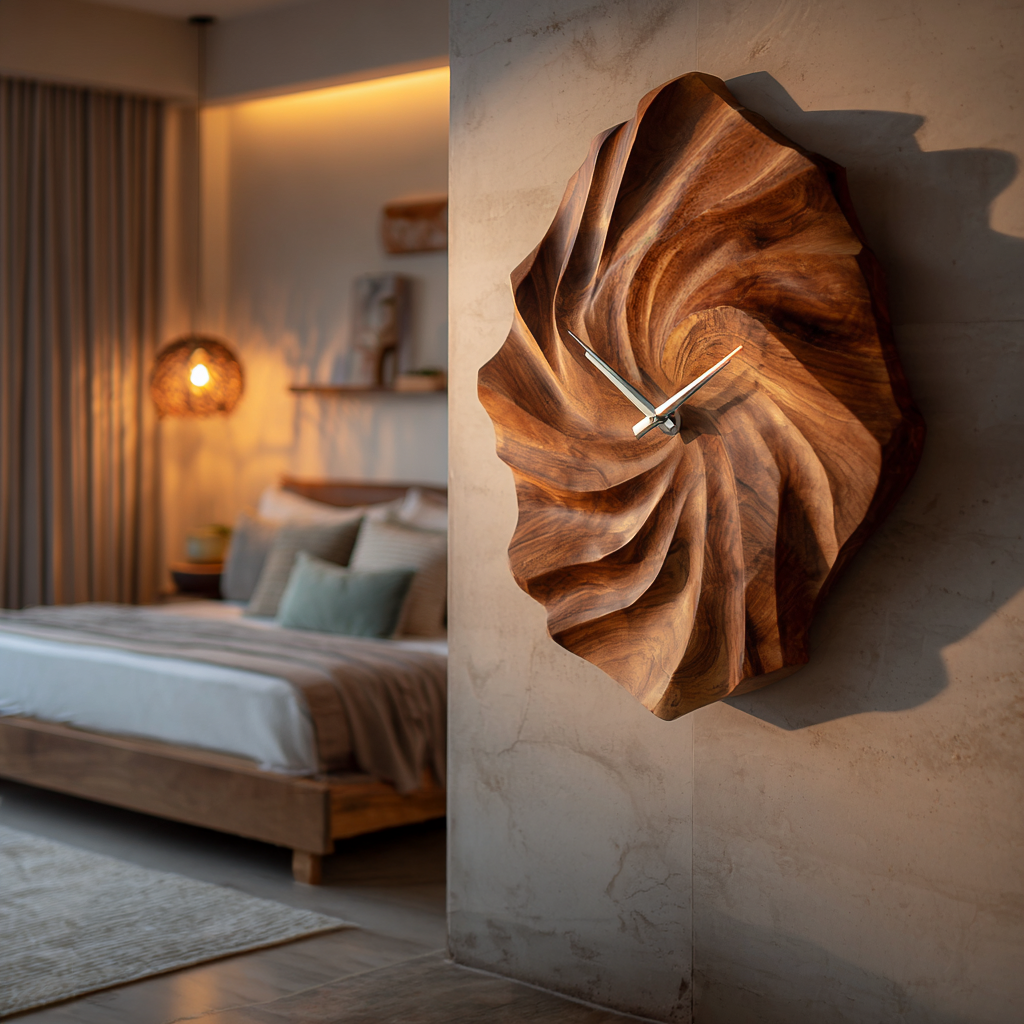 Artistic Wooden Wall Clock With Hand Carved Wave For Statement Bedroom