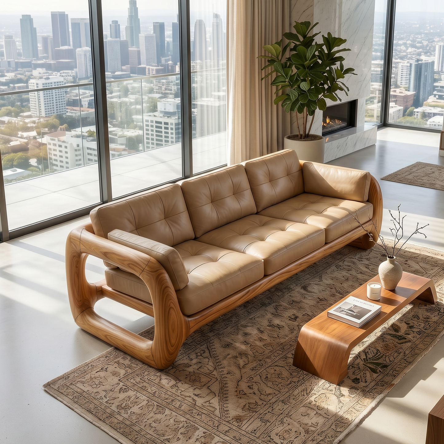 Luxury Wooden Leather Sofa For High Rise Apartment Living Room