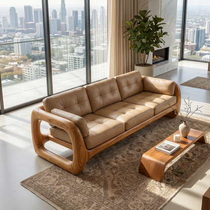 Luxury Wooden Leather Sofa For High Rise Apartment Living Room