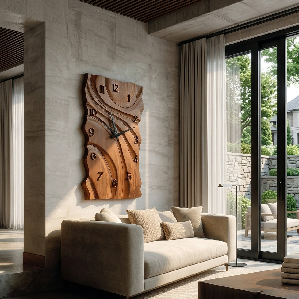 Rustic Wooden Wall Clock With Carved Design For Home