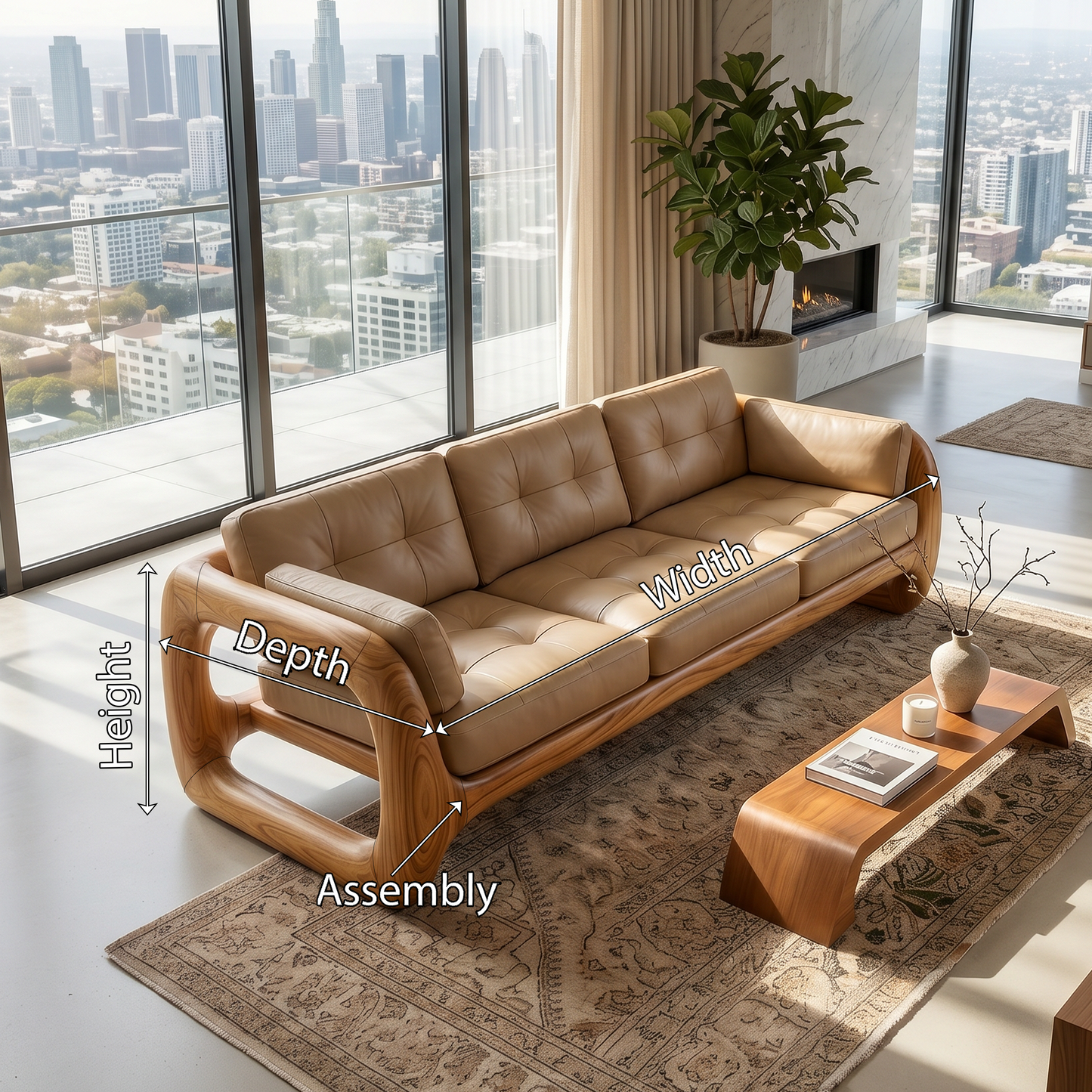 Luxury Wooden Leather Sofa For High Rise Apartment Living Room