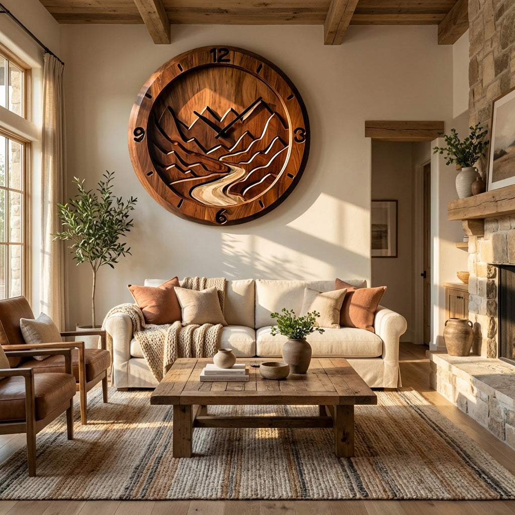Rustic Wood Wall Clock Mountain Landscape Decor For Living