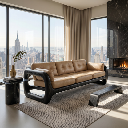 Luxury Wooden Leather Sofa For High Rise Apartment Living Room
