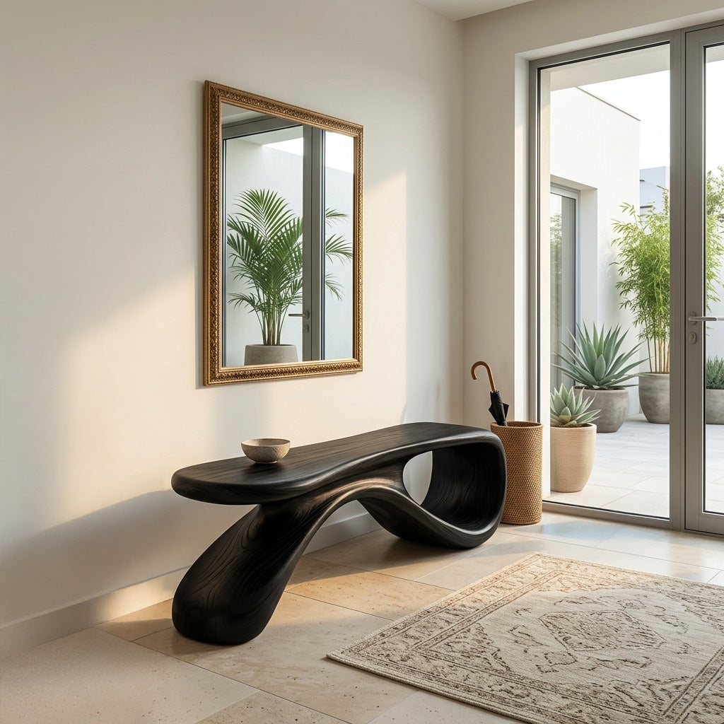 Artistic Wooden Bench For Modern Entryway Interior Decor