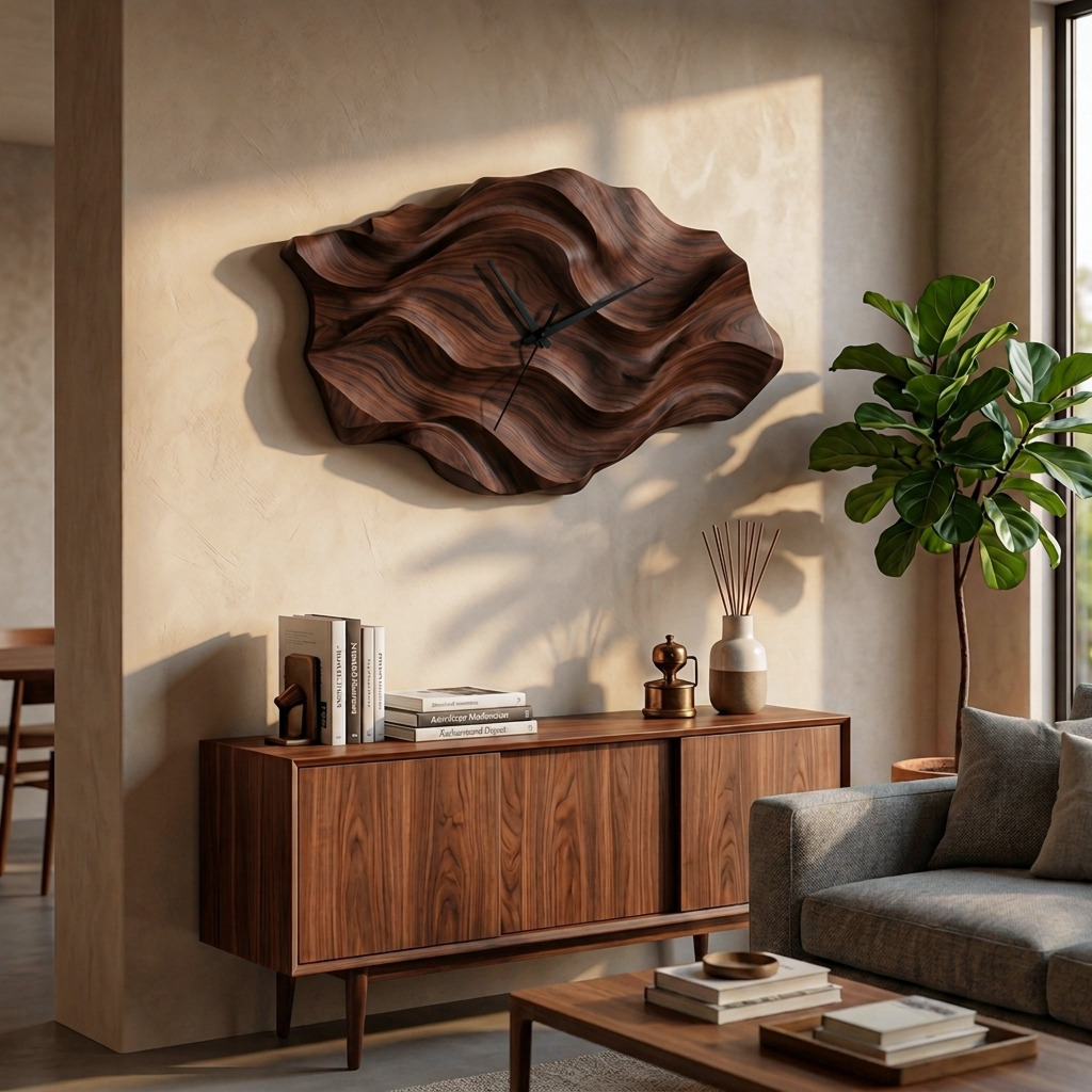 Artistic Wooden Wall Clock Wavy Design For Living Interior