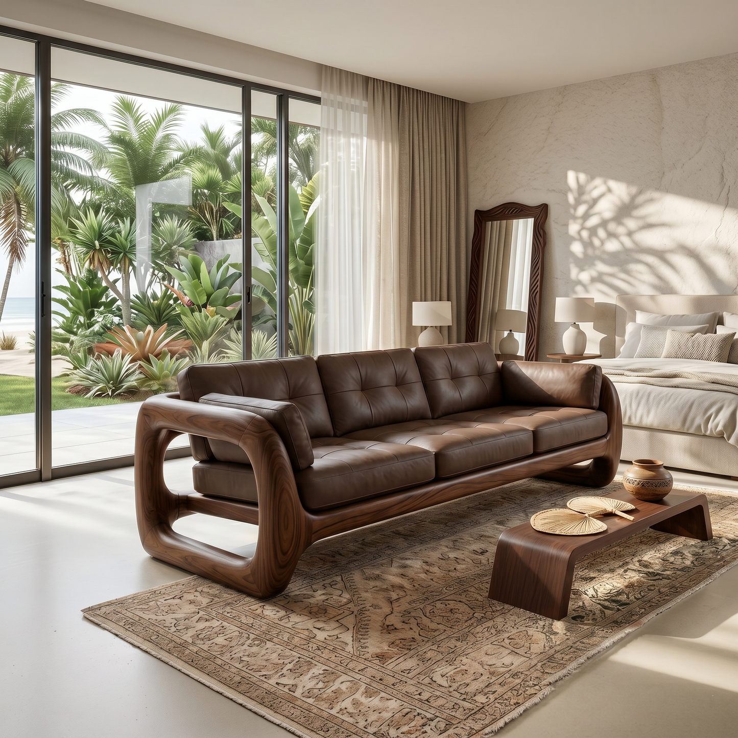 Luxury Wooden Leather Sofa For High Rise Apartment Living Room