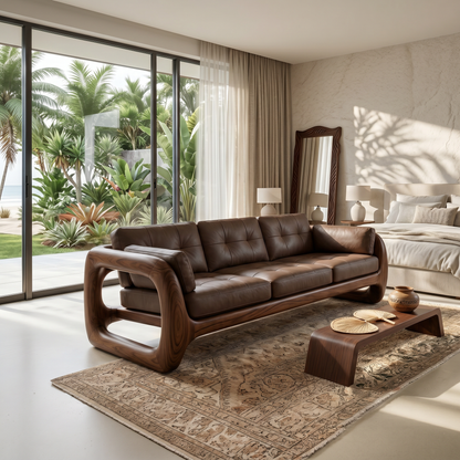 Luxury Wooden Leather Sofa For High Rise Apartment Living Room