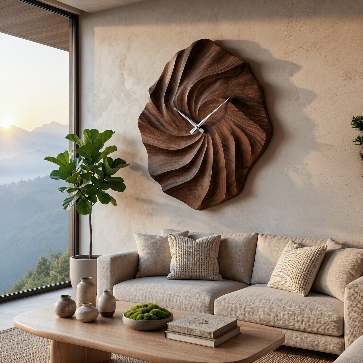 Artistic Wooden Wall Clock With Hand Carved Wave For Statement Bedroom