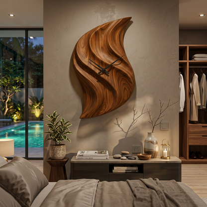 Artistic Wooden Wall Clock Hand Carved For Minimalist Bedroom