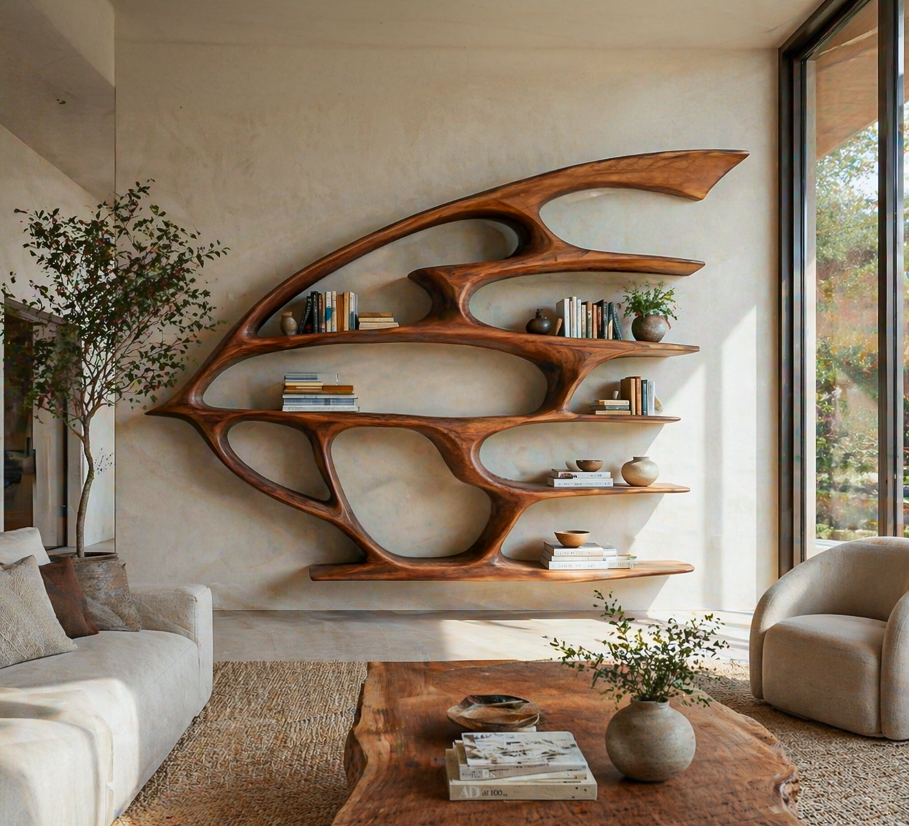 Artistic Wooden Wall Bookshelf For Living Room Decor