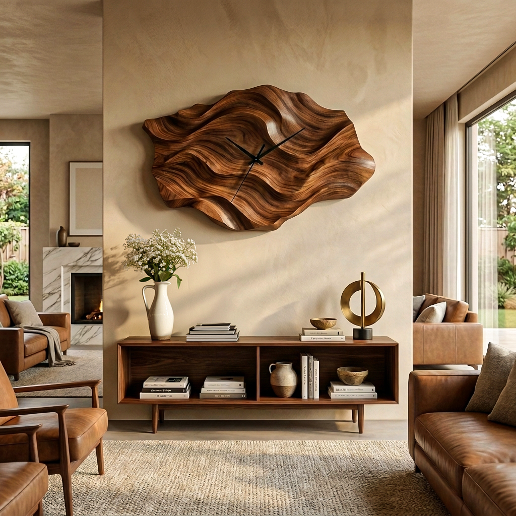 Artistic Wooden Wall Clock Wavy Design For Living Interior