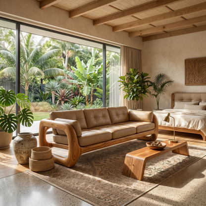 Luxury Wooden Leather Sofa For High Rise Apartment Living Room
