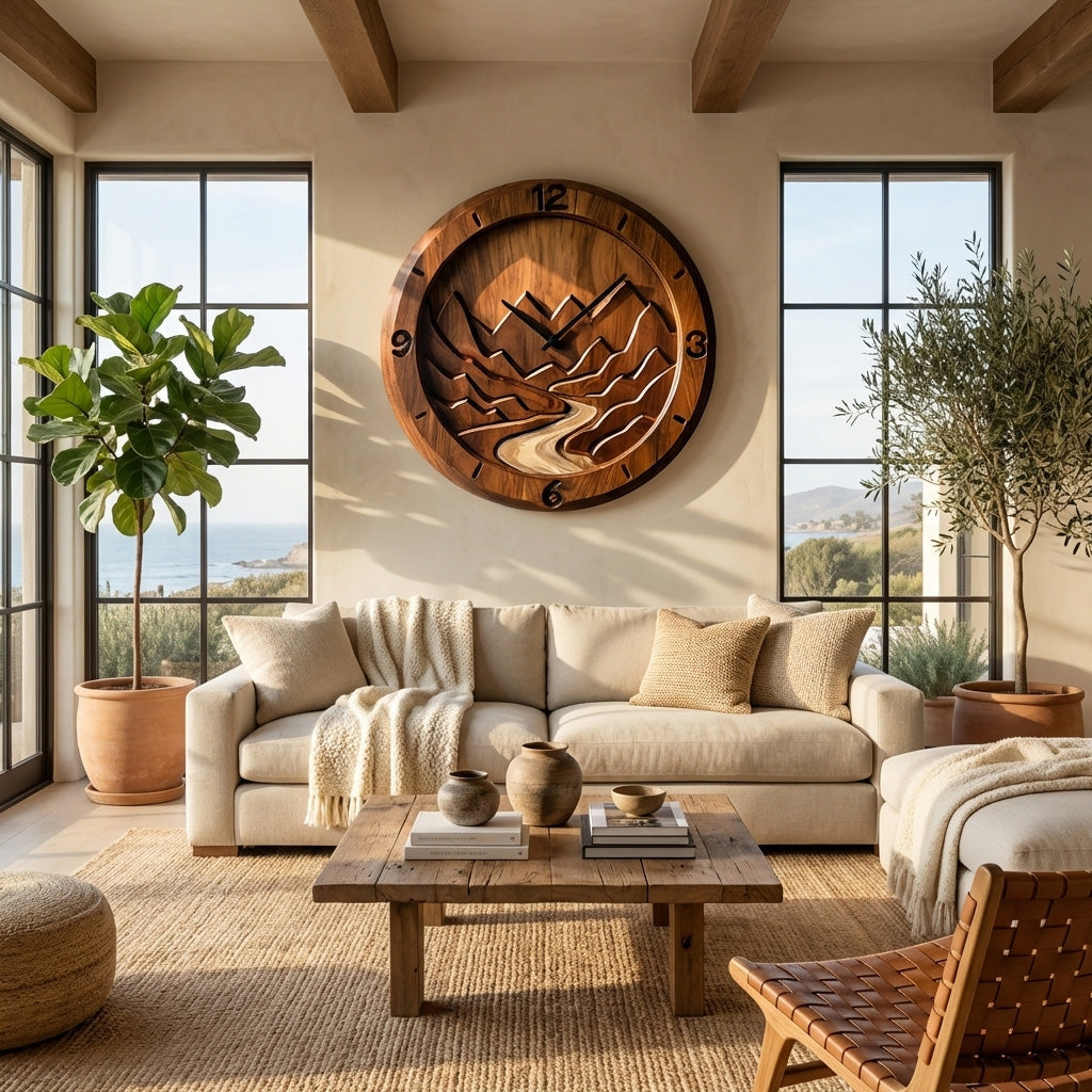 Rustic Wood Wall Clock Mountain Landscape Decor For Living