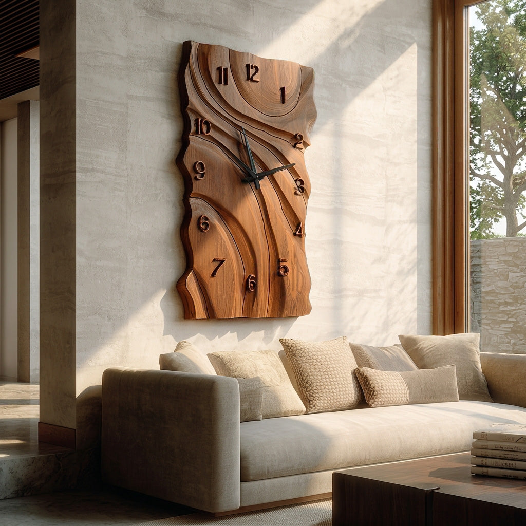 Rustic Wooden Wall Clock With Carved Design For Home