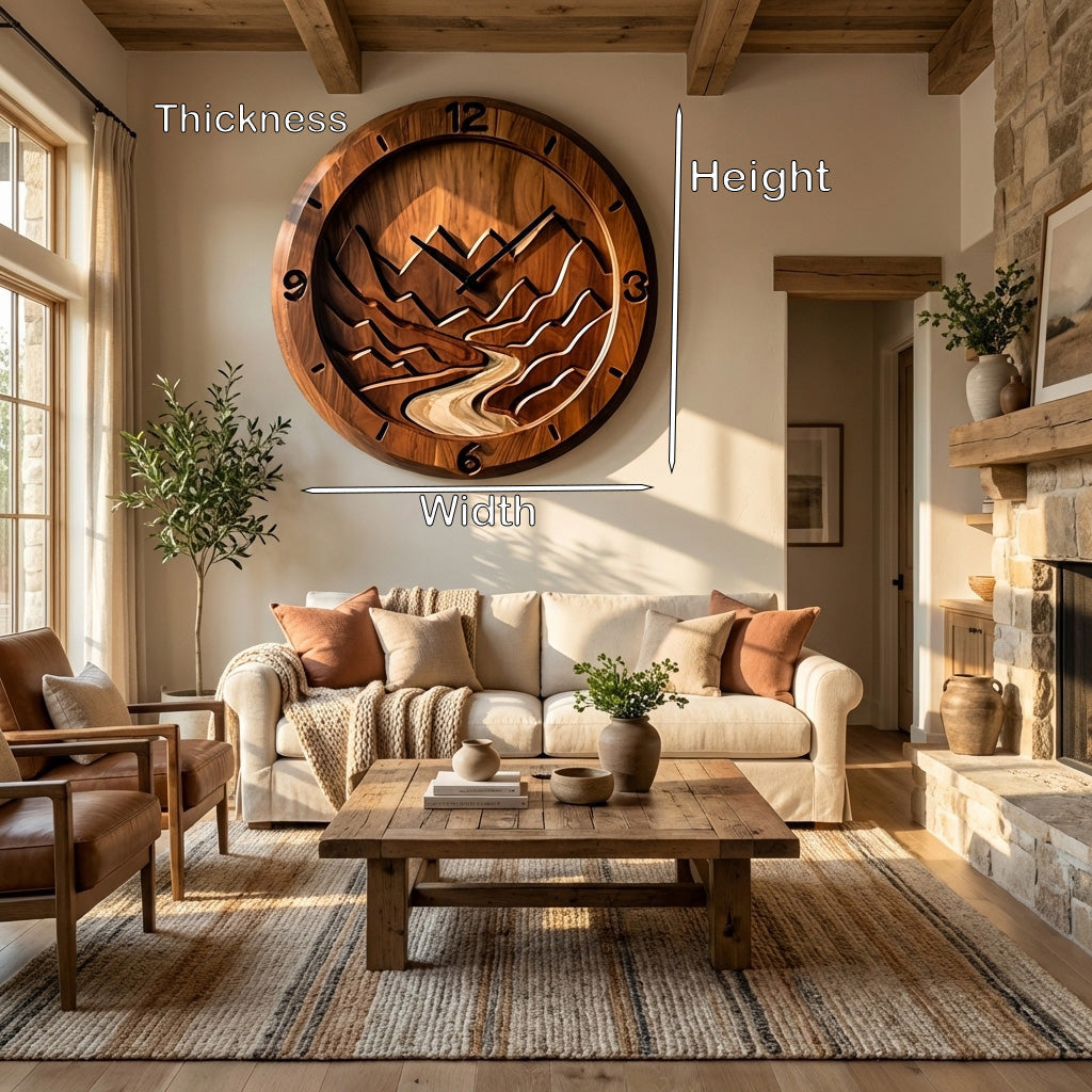 Rustic Wood Wall Clock Mountain Landscape Decor For Living