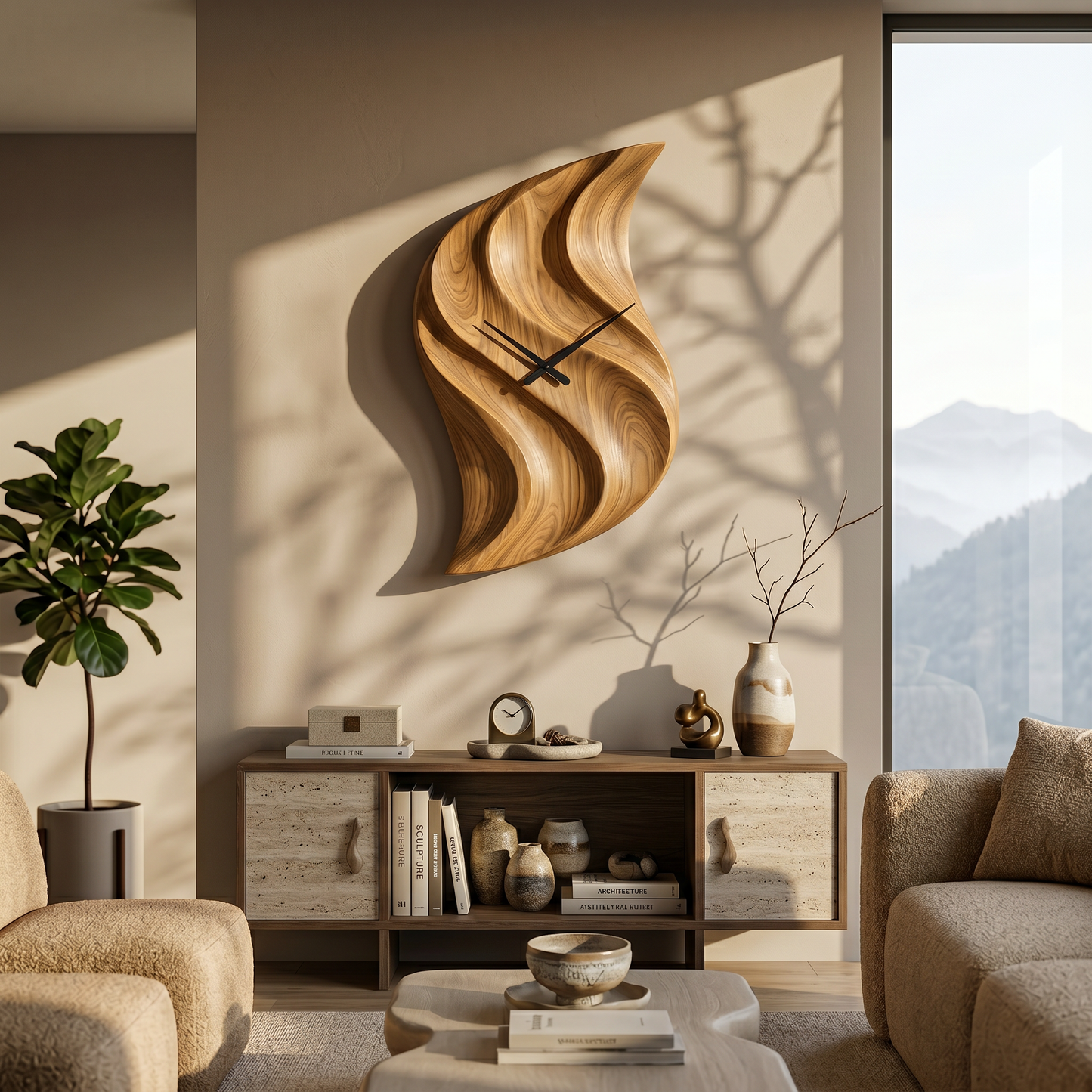 Artistic Wooden Wall Clock Hand Carved For Minimalist Bedroom