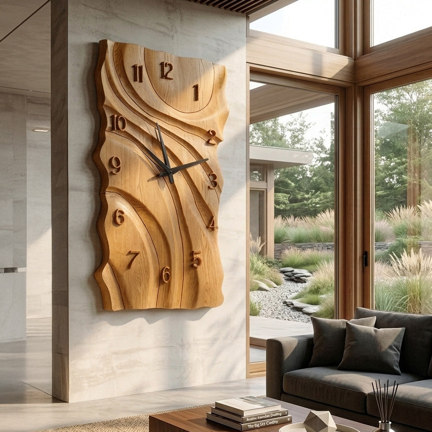 Rustic Wooden Wall Clock With Carved Design For Home