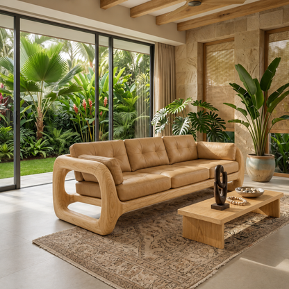 Luxury Wooden Leather Sofa For High Rise Apartment Living Room