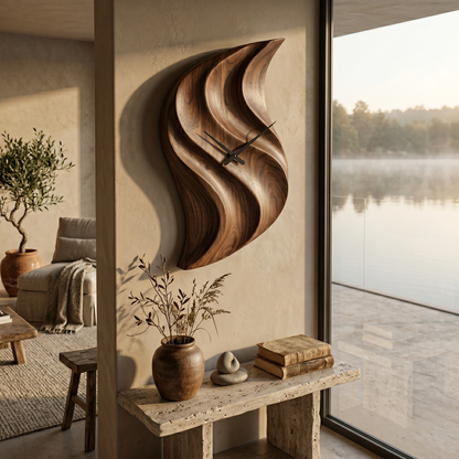 Artistic Wooden Wall Clock Hand Carved For Minimalist Bedroom