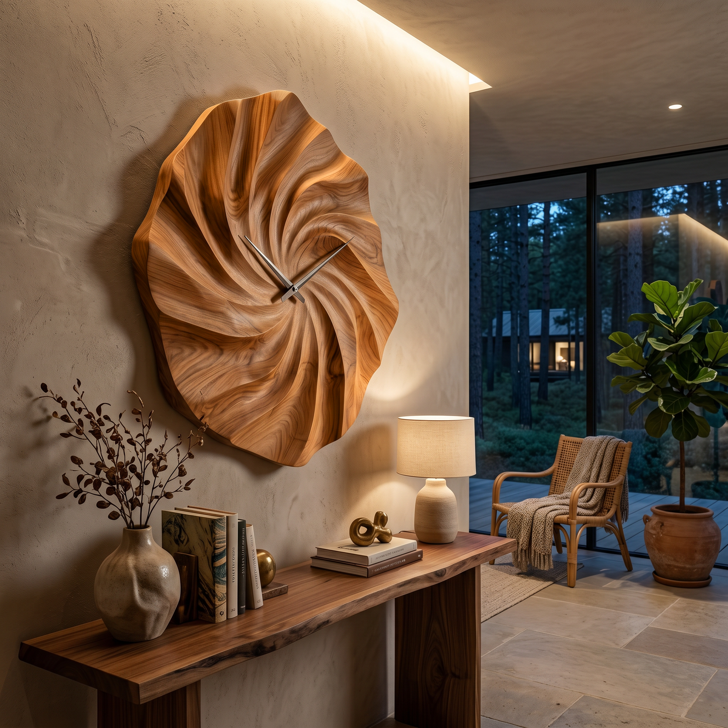 Artistic Wooden Wall Clock With Hand Carved Wave For Statement Bedroom