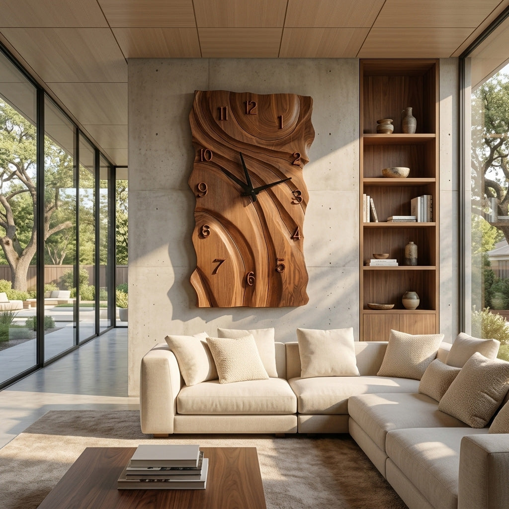 Rustic Wooden Wall Clock With Carved Design For Home