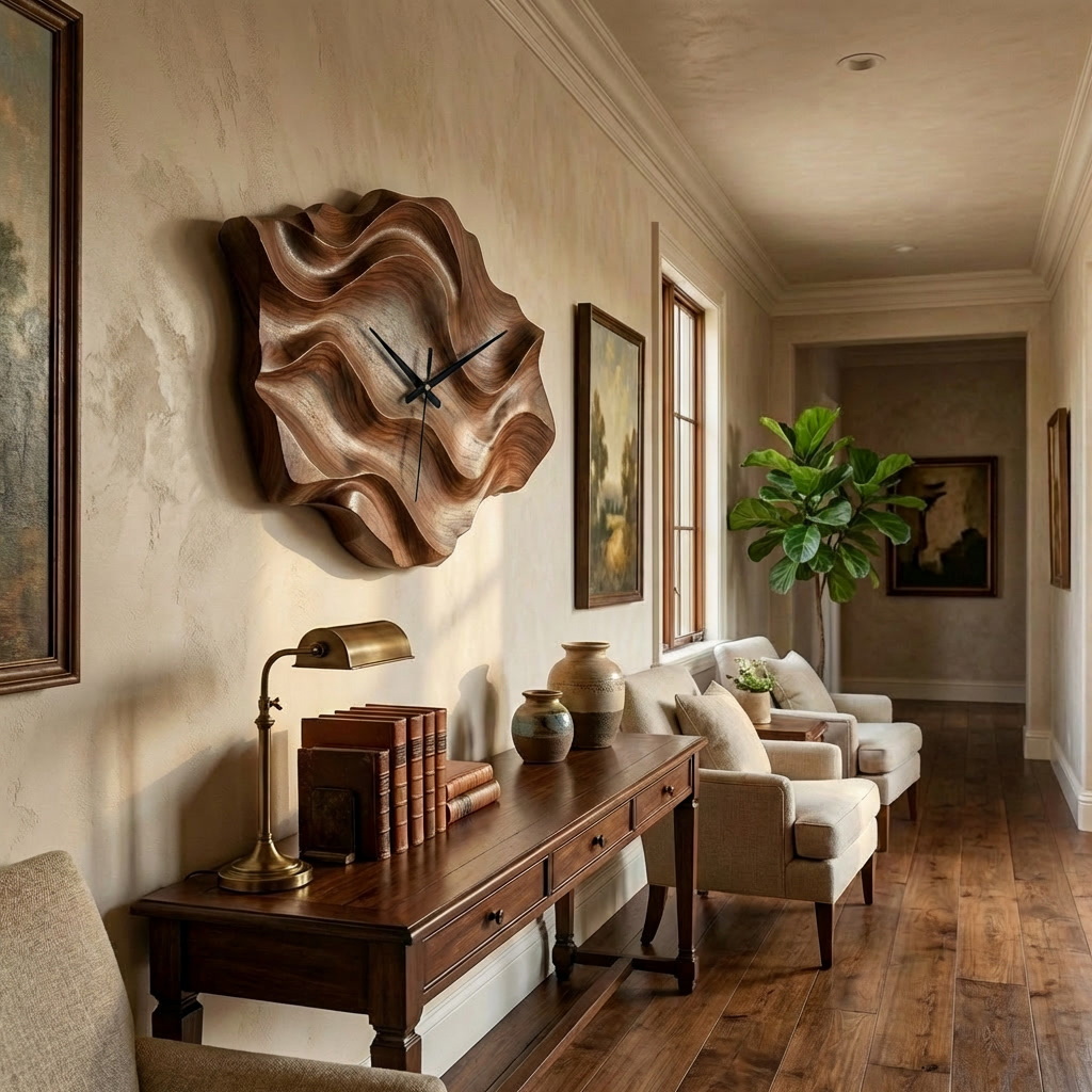 Artistic Wooden Wall Clock Wavy Design For Living Interior