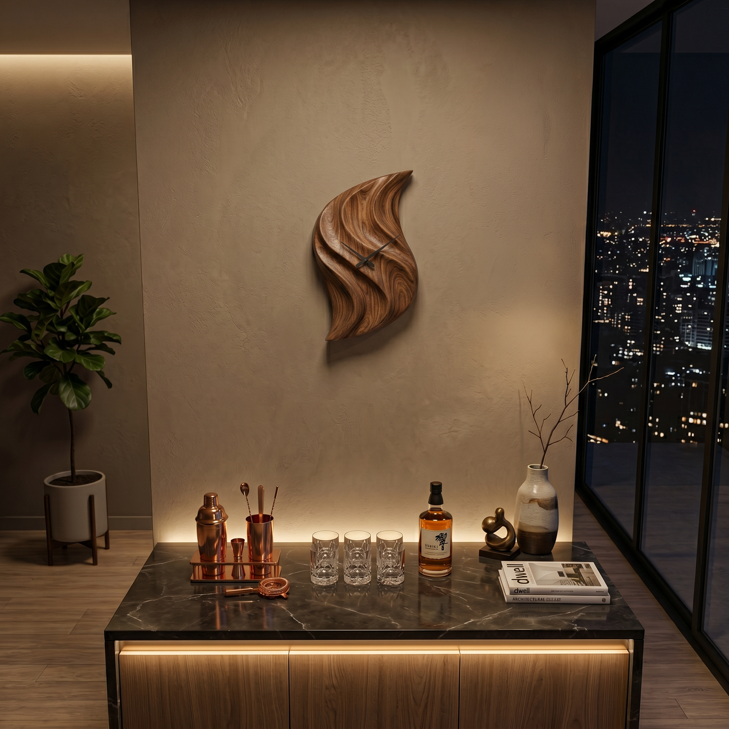 Artistic Wooden Wall Clock Hand Carved For Minimalist Bedroom