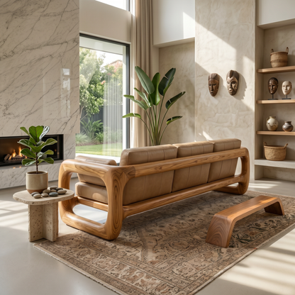 Luxury Wooden Leather Sofa For High Rise Apartment Living Room