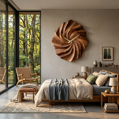 Artistic Wooden Wall Clock With Hand Carved Wave For Statement Bedroom