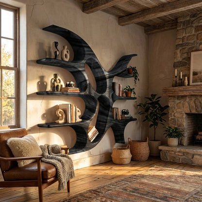 Artistic Wooden Wall Shelf With Unique Design For Living Room