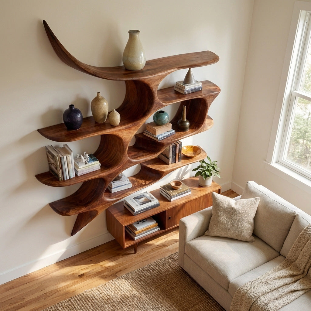 Artistic Wooden Wall Shelf For Living Room Decor
