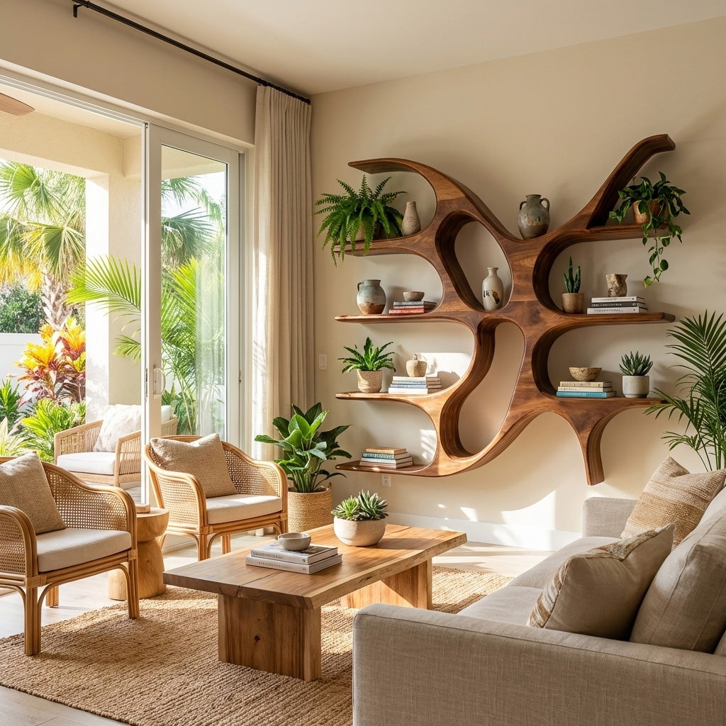 Artistic Wooden Wall Shelf With Unique Design For Living Room