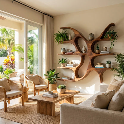 Artistic Wooden Wall Shelf With Unique Design For Living Room