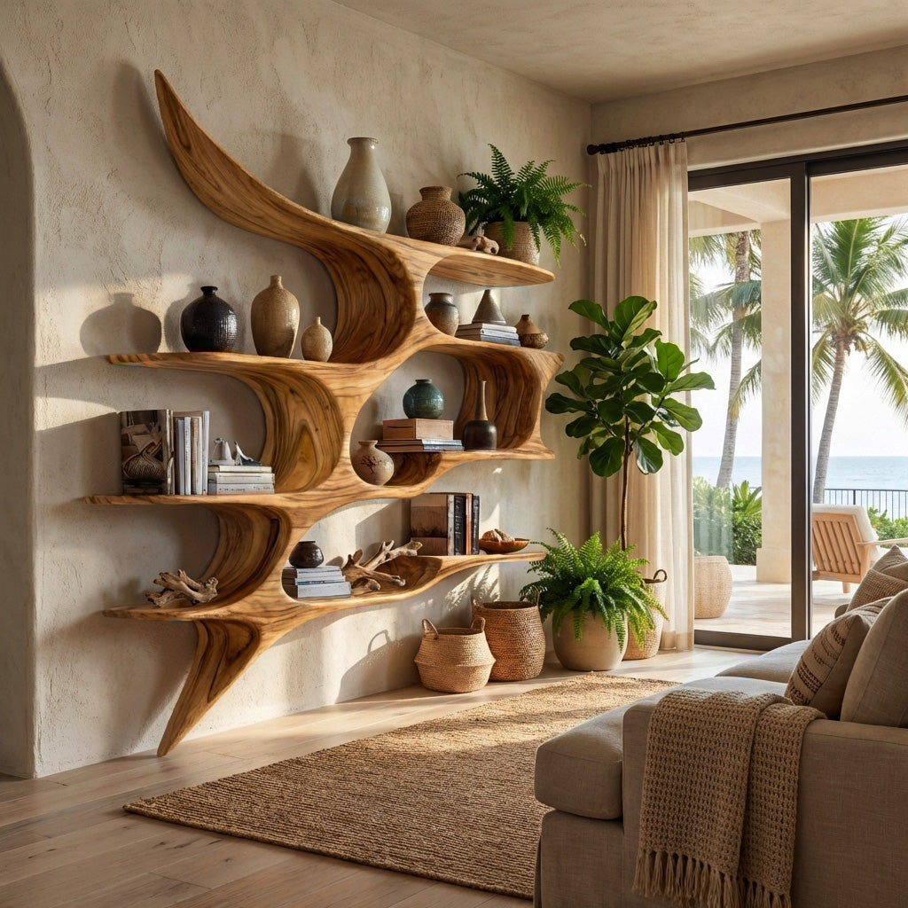 Artistic Wooden Wall Shelf For Living Room Decor