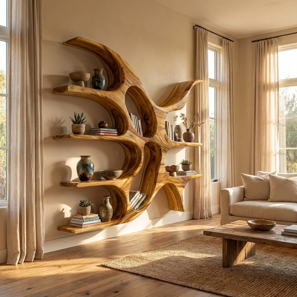 Artistic Wooden Wall Shelf With Unique Design For Living Room