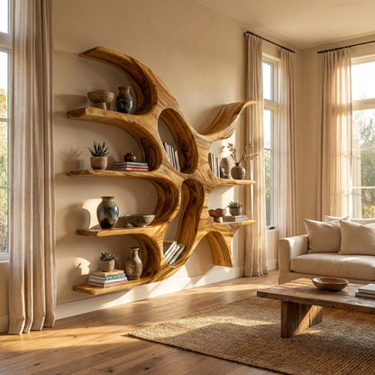 Artistic Wooden Wall Shelf With Unique Design For Living Room