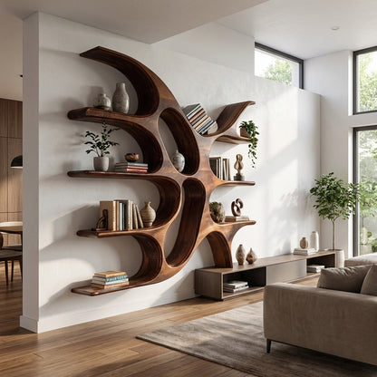 Artistic Wooden Wall Shelf With Unique Design For Living Room