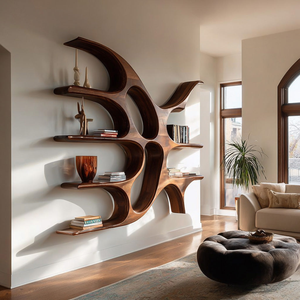Artistic Wooden Wall Shelf With Unique Design For Living Room