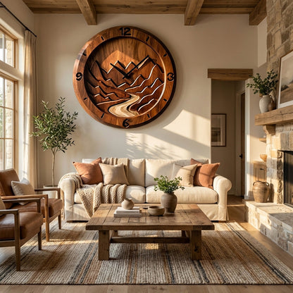 Rustic Wood Wall Clock Mountain Landscape Decor For Living