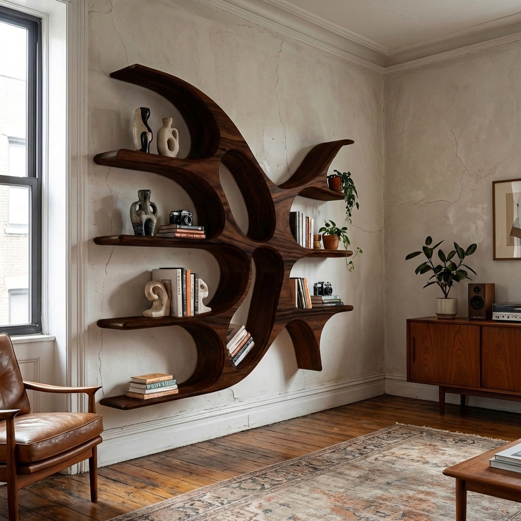 Artistic Wooden Wall Shelf With Unique Design For Living Room