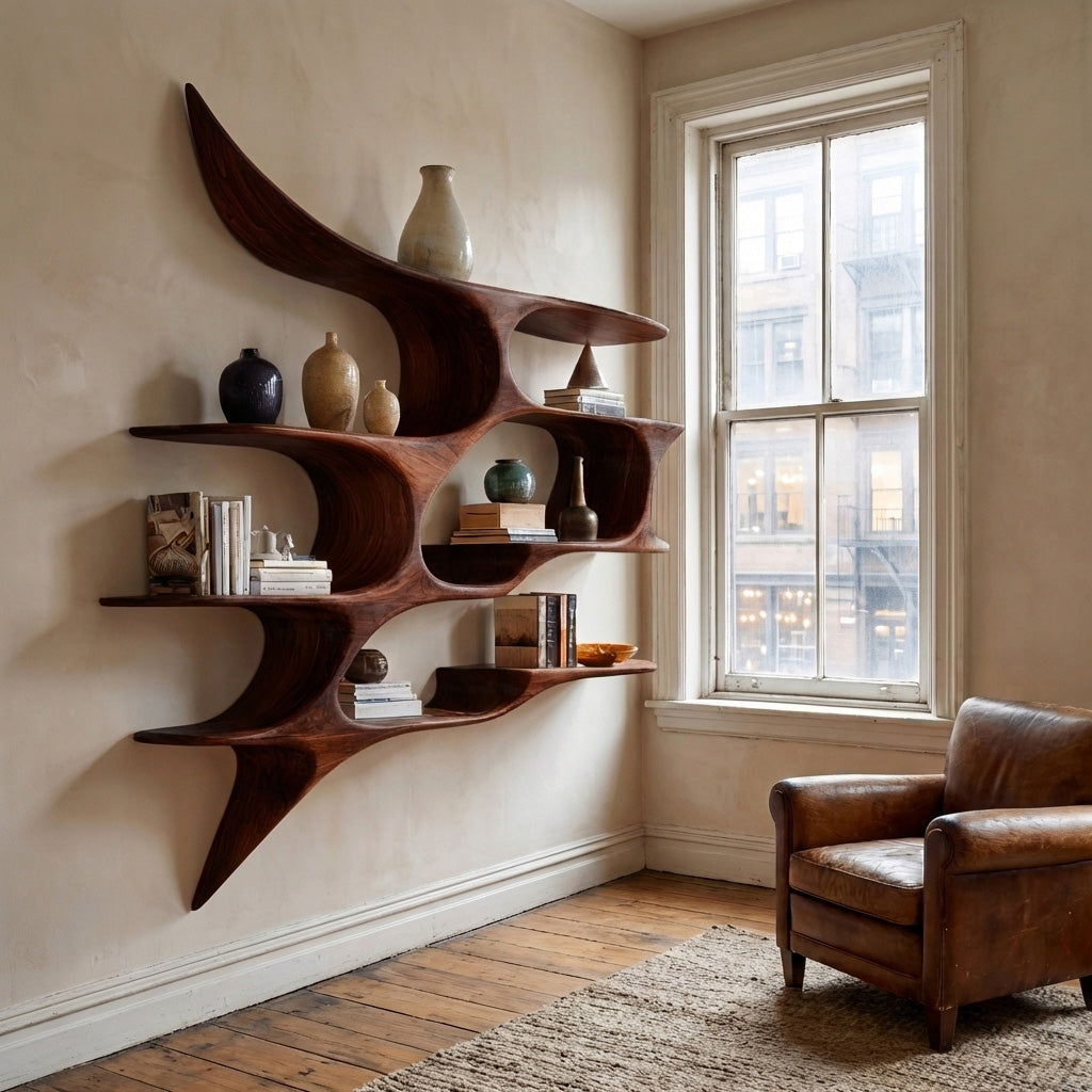 Artistic Wooden Wall Shelf For Living Room Decor